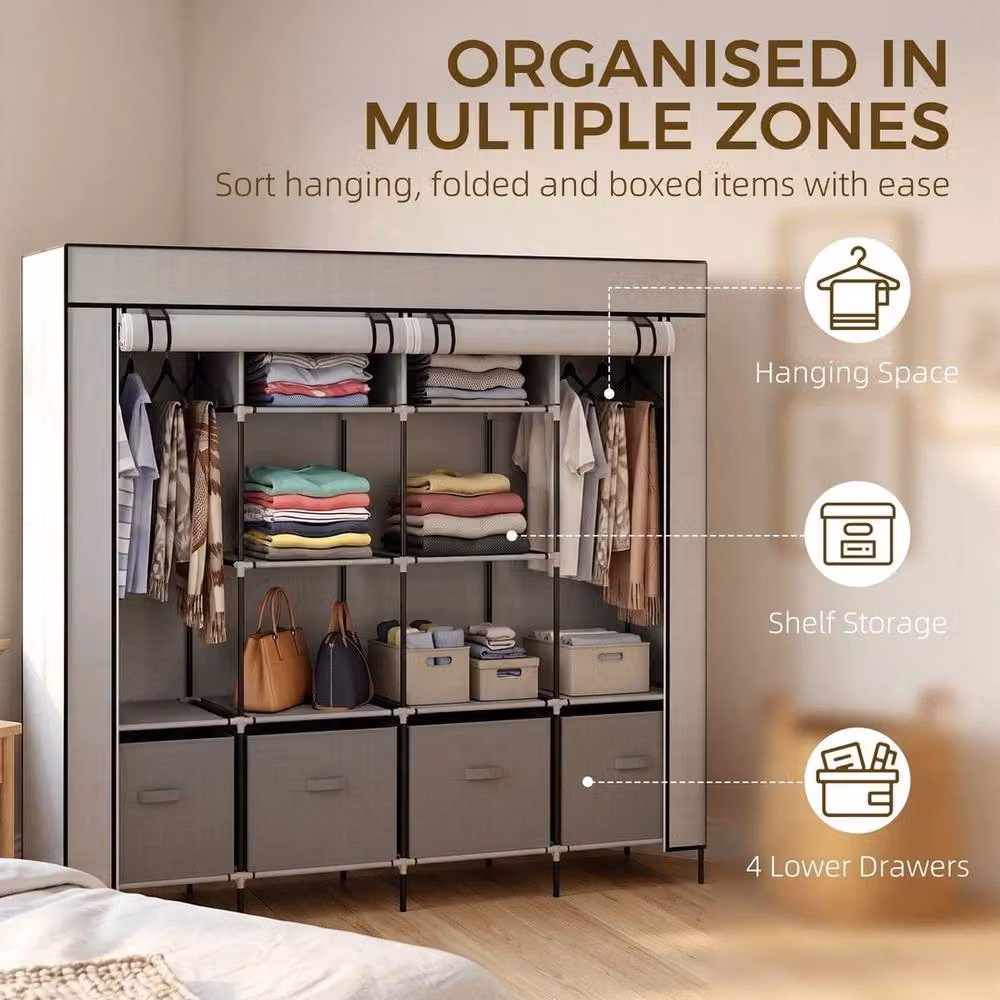 KORVIXA Large Fabric Wardrobe Closet with Roll Shutter Doors and Integrated Drawers in Grey, H 166.0 cm x W 169.5 cm – 2
