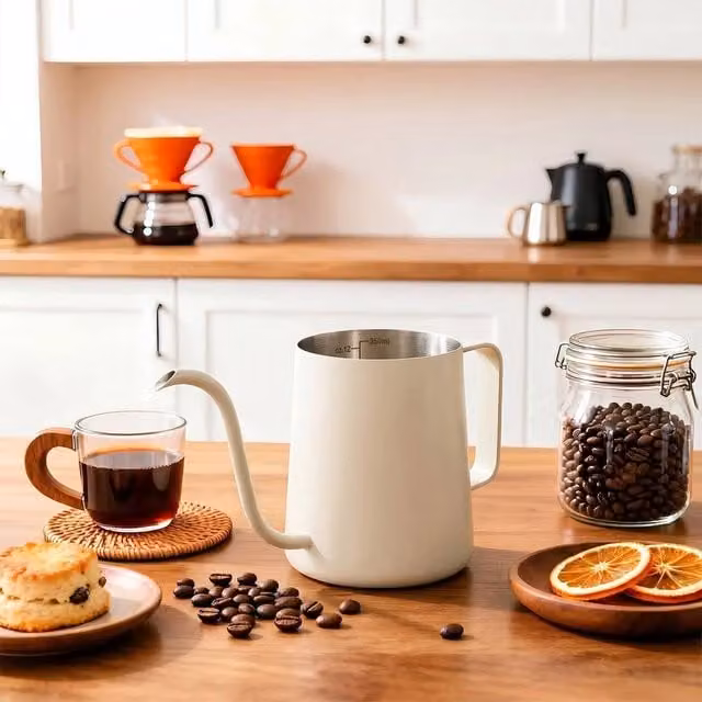FORGEVIO Stainless Steel Pour-Over Gooseneck Kettle, 350ml, White/Beige