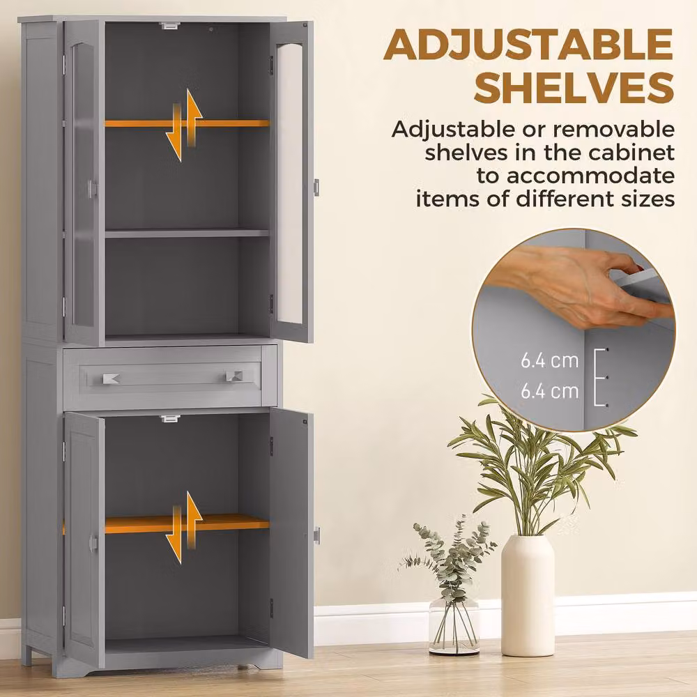 HOMCOM Modern Tall Kitchen Cupboard with Glass Doors and Internal Shelves, Grey, H 160 x W 60 x D 30 cm – 3
