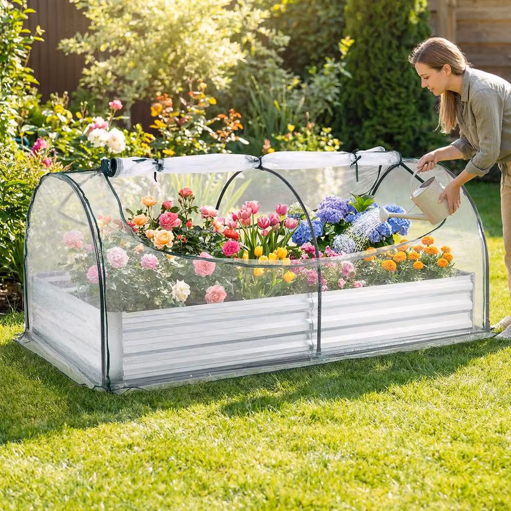 Gymax Silver Galvanised Steel Raised Garden Bed with Removable Mini Greenhouse Cover – 3