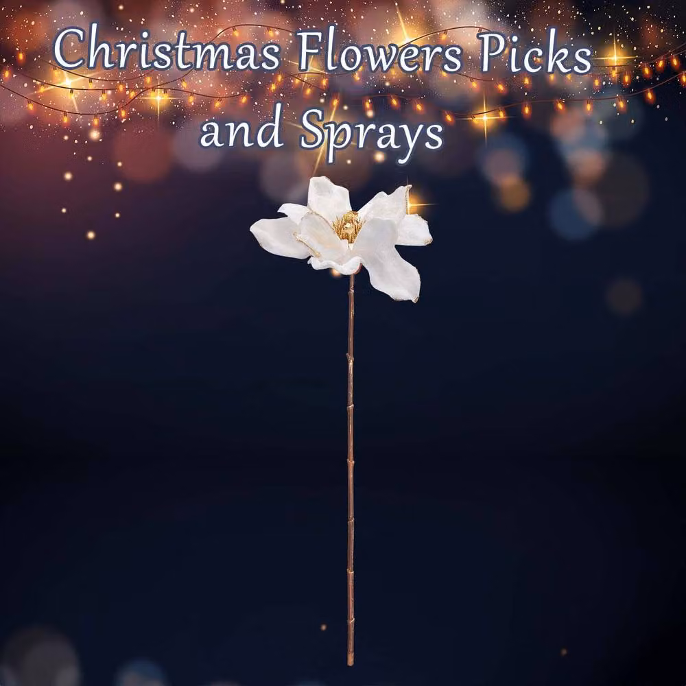 VFM e-Store Gold and White Magnolia Floral Christmas Stem Decoration, H 63 cm x W 15 cm x D 15 cm – 2