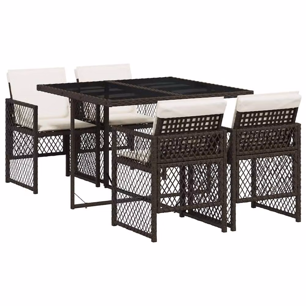 Berkfield Home 5 Piece Brown Poly Rattan Garden Dining Set with Cushions and Glass Tabletop – 2