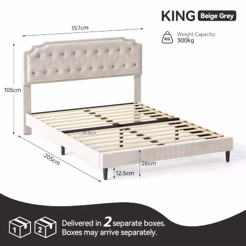 MCC Direct Chelsey Velvet Upholstered King Size Bed Frame in Beige, W/D/H: 180 x 200 x 115 cm – 2