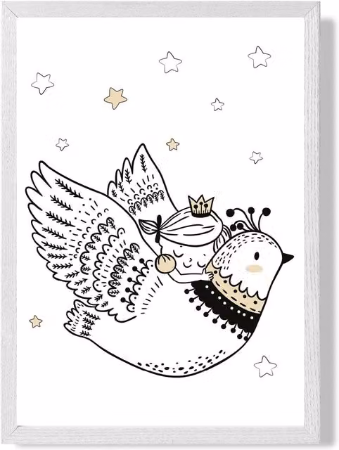 ARTZE Scandi Princess Little & Flying Bird Framed Illustration in Black and White, A4