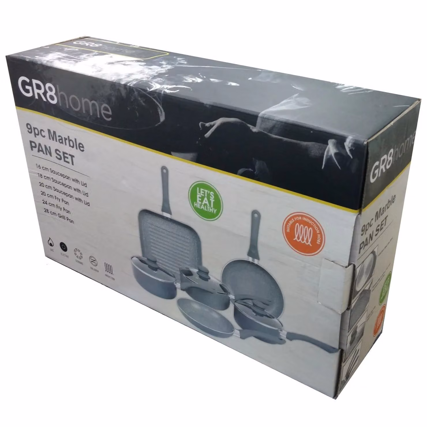 Gr8 Home 9 Piece Grey Marble Non Stick Aluminium Pan Set with Saucepan and Frying Pan – 2