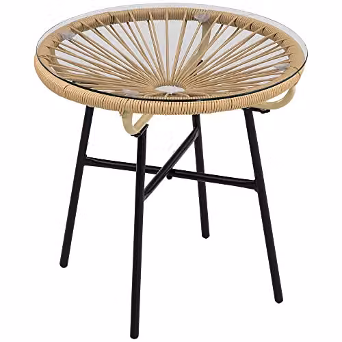 Outsunny Round PE Rattan Side Table with Tempered Glass Top in Beige, Black or Brown