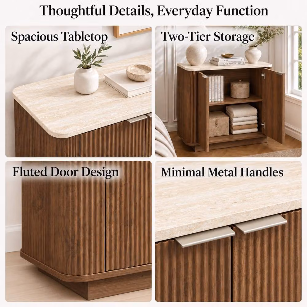 Merax 2 Door Sideboard in Walnut Effect with Travertine Effect Top – 4