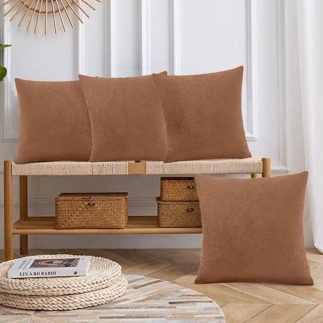 Luxor Living Set of 4 Tan Velvet Chenille Square Cushions with Removable Washable Covers, W/D/H: 45 x 45 x 45 cm