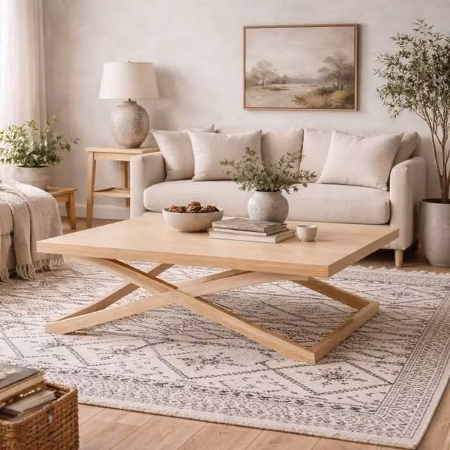 Wyld Haus Enniscorthy Large Coffee Table in Blonde Oak Veneer with X Frame, Beige