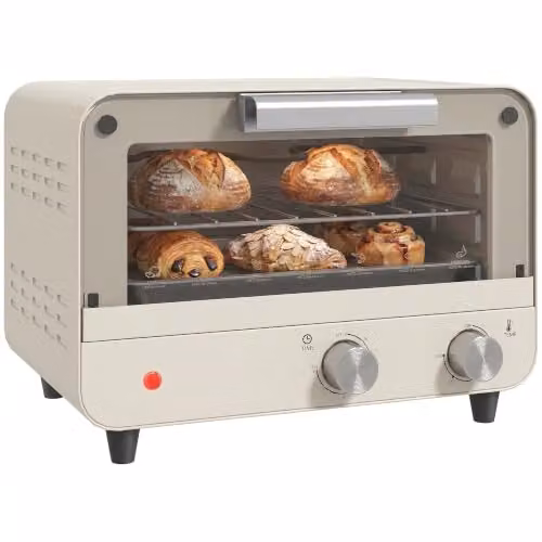 HOMCOM 12L Multifunction Mini Countertop Oven with Grill, Timer and Glass Door, White/Beige – 1