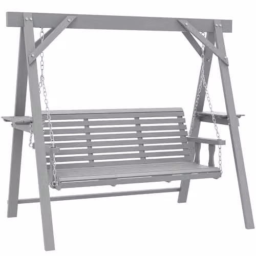 Outsunny 3 Seater Wooden Garden Swing Seat with Side Tables and Cushions, Grey, W/D/H: 217 x 124 x 171 cm