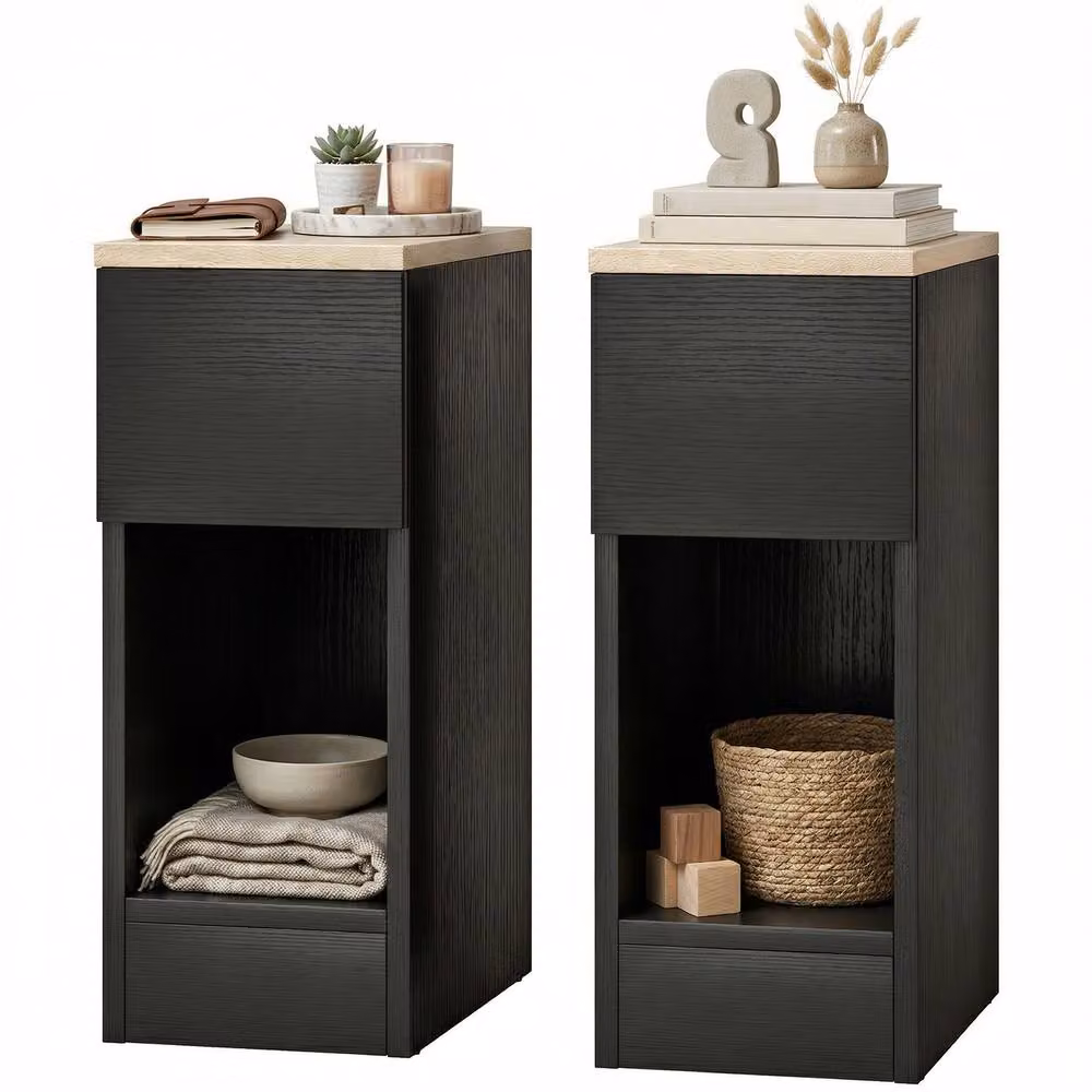 STILVORA Modern Black Bedside Table with Drawer and Shelf – 5