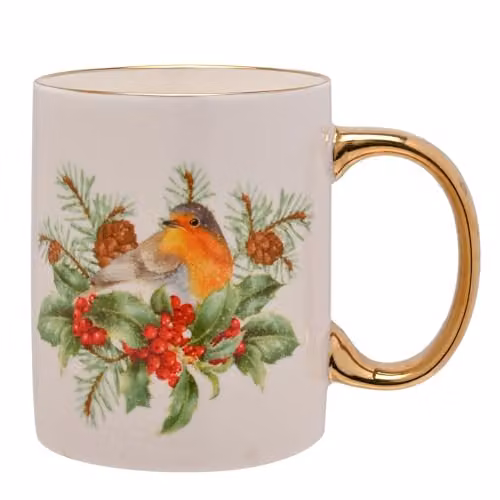 Widdop and Co Bone China Robin Christmas Mug in White with Gold Handle and Multicolour Festive Design