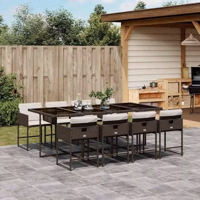 Berkfield Home Extendable Polyrattan Garden Dining Set with Glass Top in Brown and White