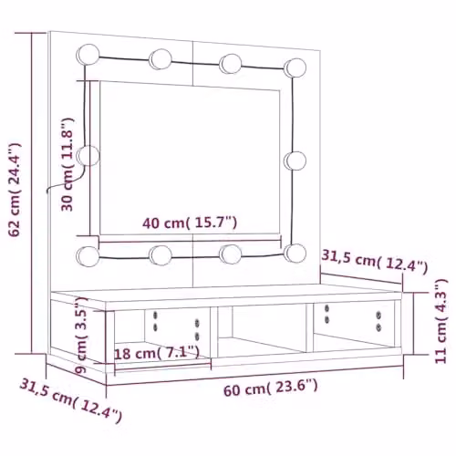 vidaXL Mirror Cabinet with LED Lighting in Brown Oak, W: 60 cm, D: 31.5 cm, H: 62 cm – 3