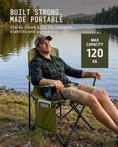 Voyager 2-Pack of Folding Camping Chairs in Green with Cup Holders and Storage Pocket – 4