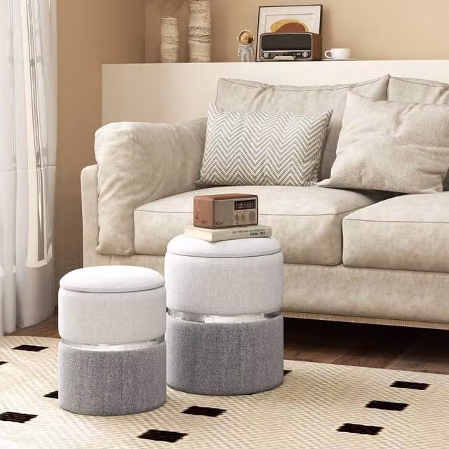KORVIXA 2-Pack Grey Linen Fabric Upholstered Cylindrical Storage Ottomans