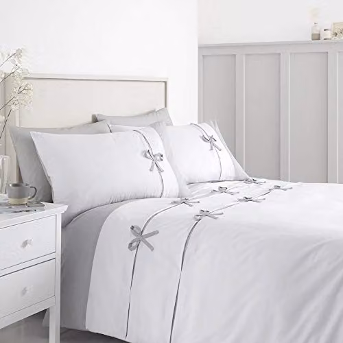 Catherine Lansfield Milo Bow White Double Duvet Cover Set with Pillowcases, W/D/H: 200 x 200 cm and 50 x 75 cm