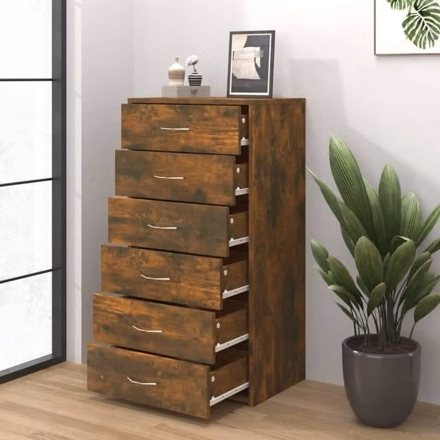Berkfield Home Modern Sideboard with 6 Drawers in Smoked Oak Brown, W: 50 cm, D: 34 cm, H: 96 cm – 1