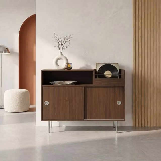sweeek Retro Vintage Vinyl Furniture in Dark Brown with Wood and Metal Decor, W/D/H: 100 x 40 x 75 cm – 1