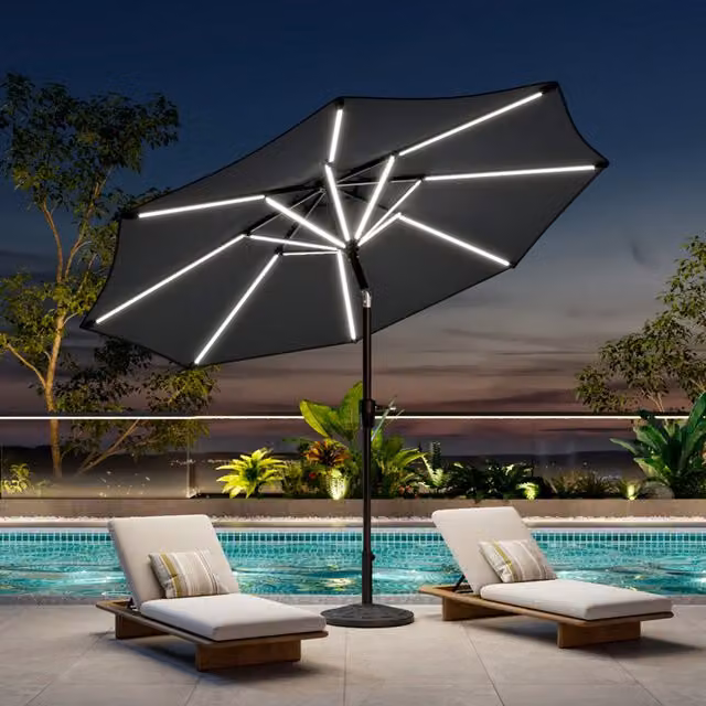 Breeins Outdoor Parasol with LED Strips and Grey Floral Pattern Composite Resin Base