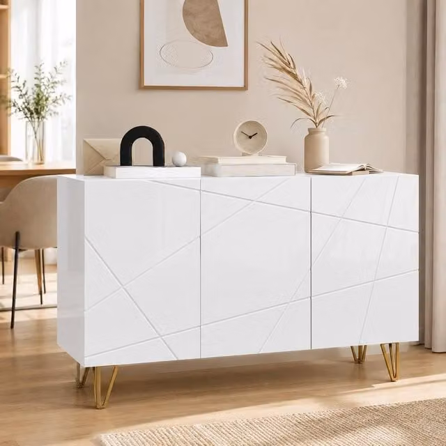 STILVORA Modern High Gloss Sideboard with Shelves in White and Gold, W/D/H: 120 x 40 x 75 cm