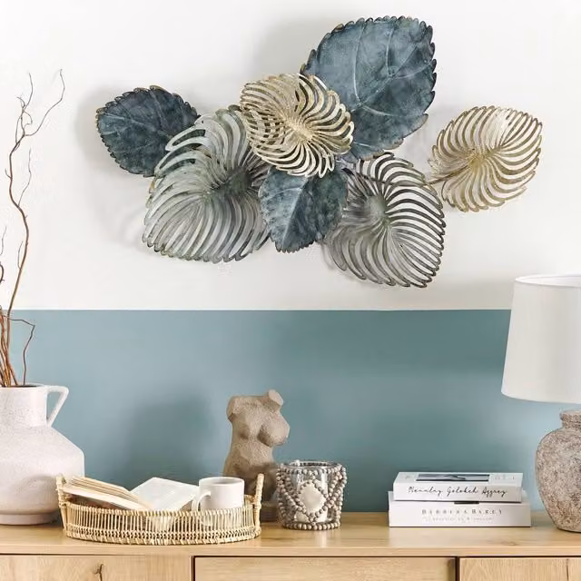 Wyld and Coco Gold and Blue Floral Metal Wall Sculpture with Leaf Design, W: 88 cm, H: 55 cm