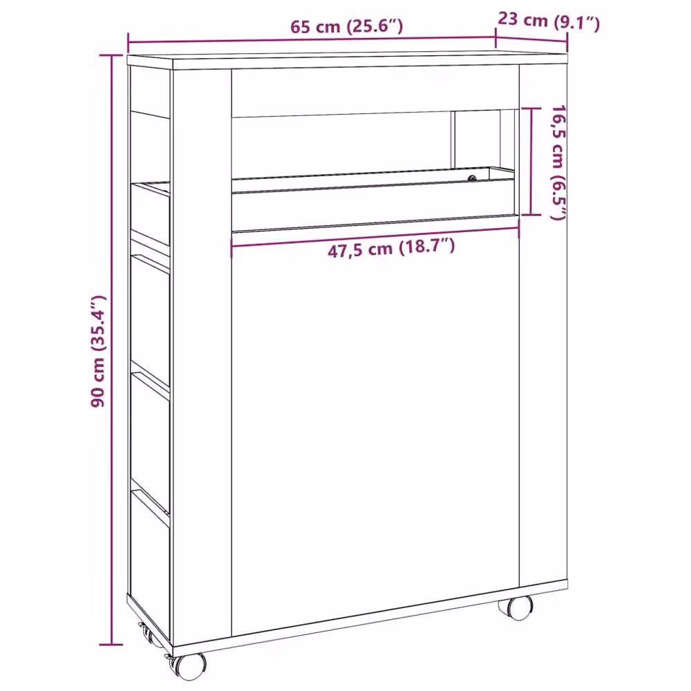 Berkfield Home Narrow Bathroom Cabinet with Wheels in Sonoma Oak and Light Tan, H: 90 cm x W: 65 cm x D: 23 cm – 3