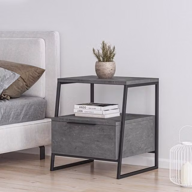 FWStyle Modern 1 Drawer Bedside Table with Black Metal Frame in Grey