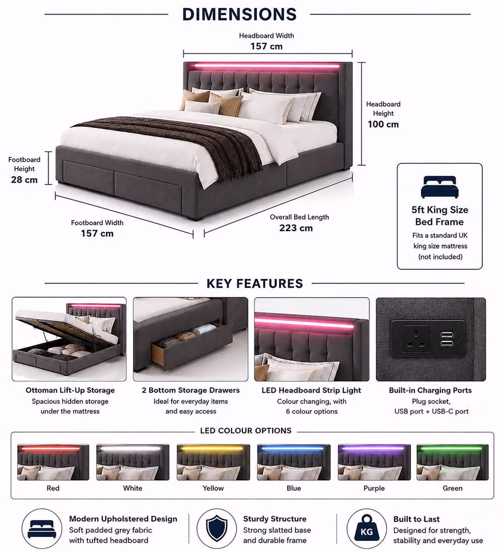 Harmin Luxury Grey 5ft King Ottoman Bed with LED Headboard, USB Charging Port and Plug Socket, W/D/H: 180 x 200 cm – 2