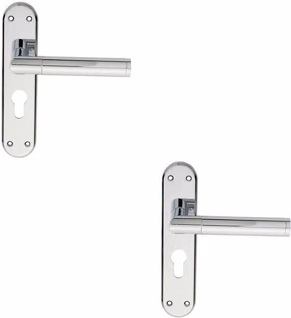 Loops 2x Round Bar Lever on Euro Lock Backplate Door Handle in Polished Chrome, W: 180 mm, H: 40 mm