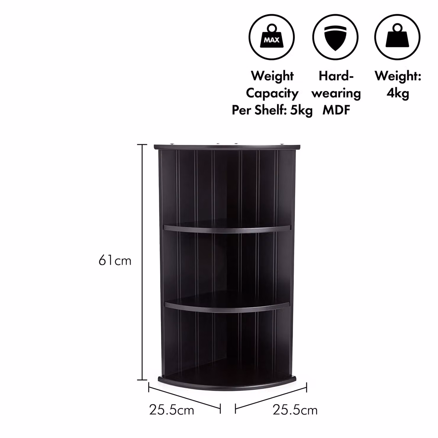 VonHaus 3 Tier Black Corner Shelf Unit - Wall Mounted or Freestanding MDF Storage for Bathroom, Living Room and Kitchen - W/D/H: 25.5 x 25.5 x 61.0 cm – 6