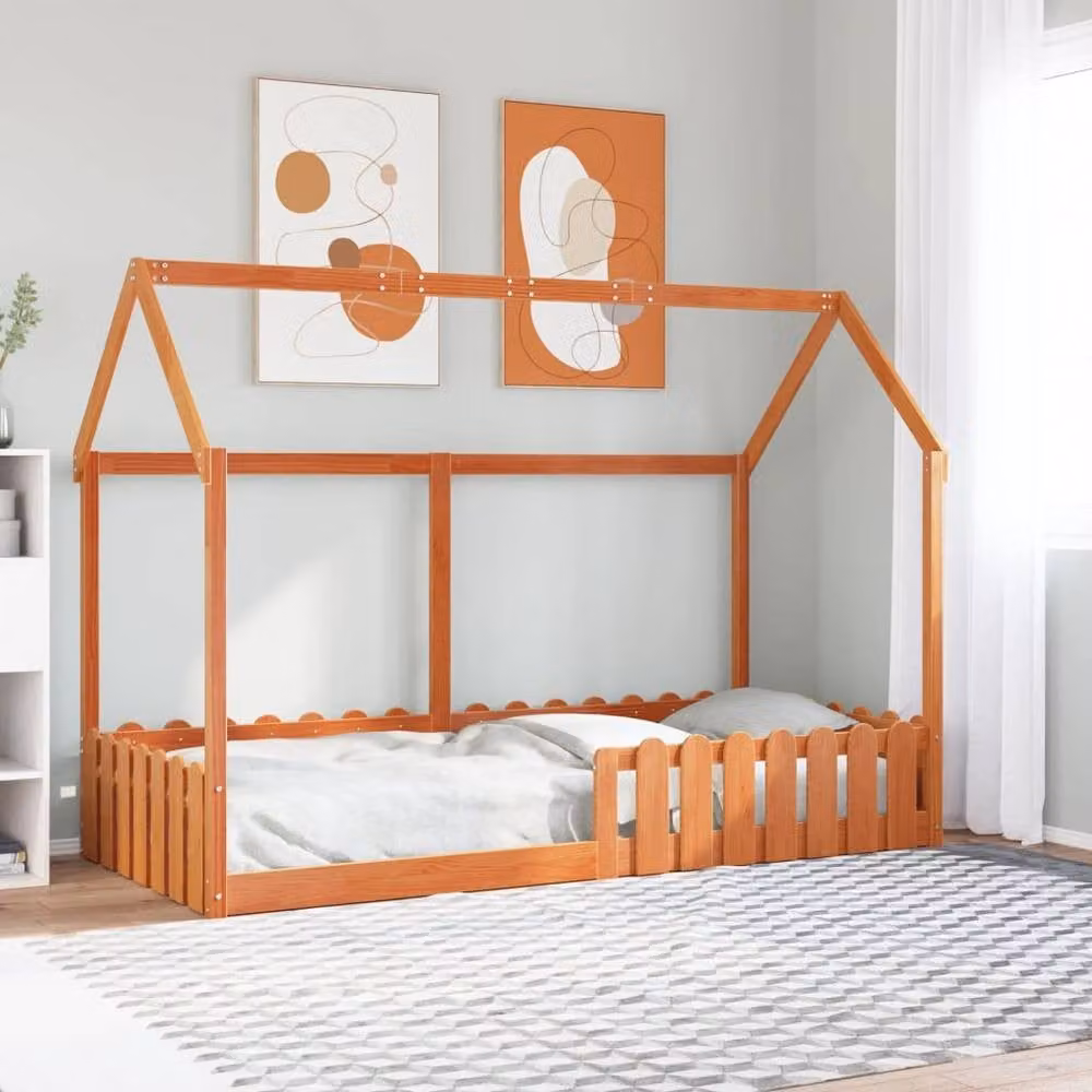 Berkfield Home Kids House Bed Frame in Waxed Brown Solid Pine, W/D/H: 90 x 200 cm – 2
