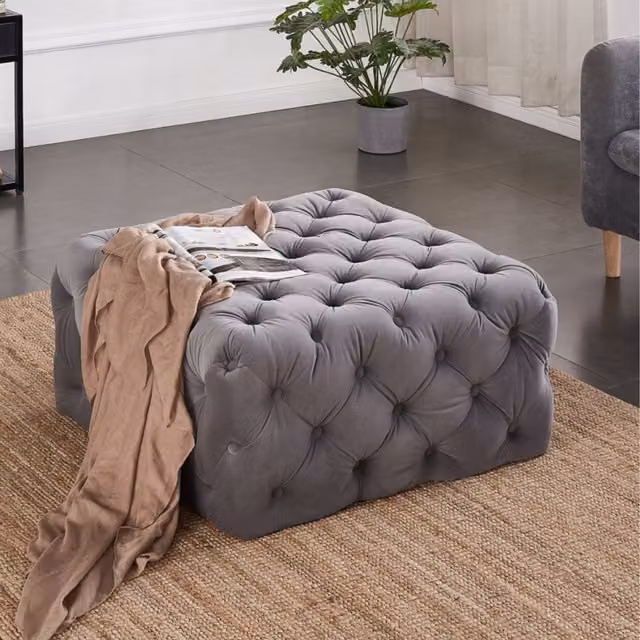 Life Interiors Melia Square LUX Single Pouffe in Grey Velvet Fabric