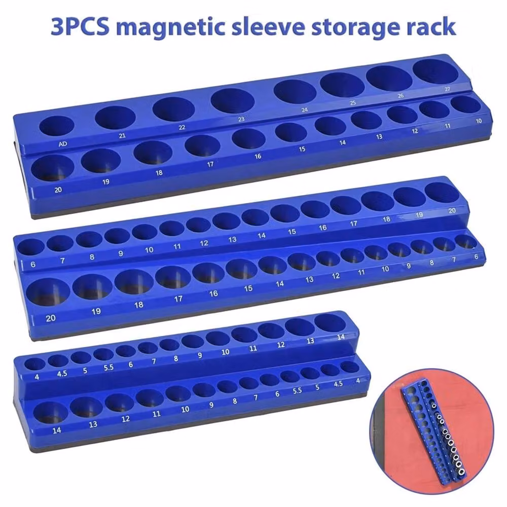 VOGREX 3-Piece Metric Magnetic Socket Organizer Tray Set, 1/4, 3/8 and 1/2 Drive Holder in Blue Steel – 6