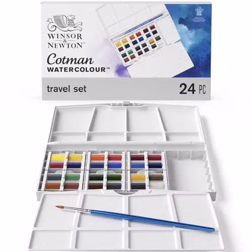 Winsor & Newton Cotman Watercolour Travel Set with 24 Half Pans and Round Brush, Multicolour