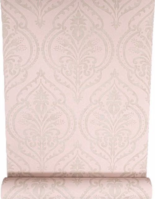 Arthouse Moroccan Damask Textured Heavy Vinyl Wallpaper in Blush Pink, Silver and Grey