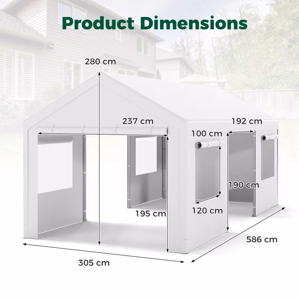 Costway White Car Canopy Carport with Roll-Up Windows and Removable Doors, W: 304.8 cm, D: 280 cm, H: 579.1 cm – 2