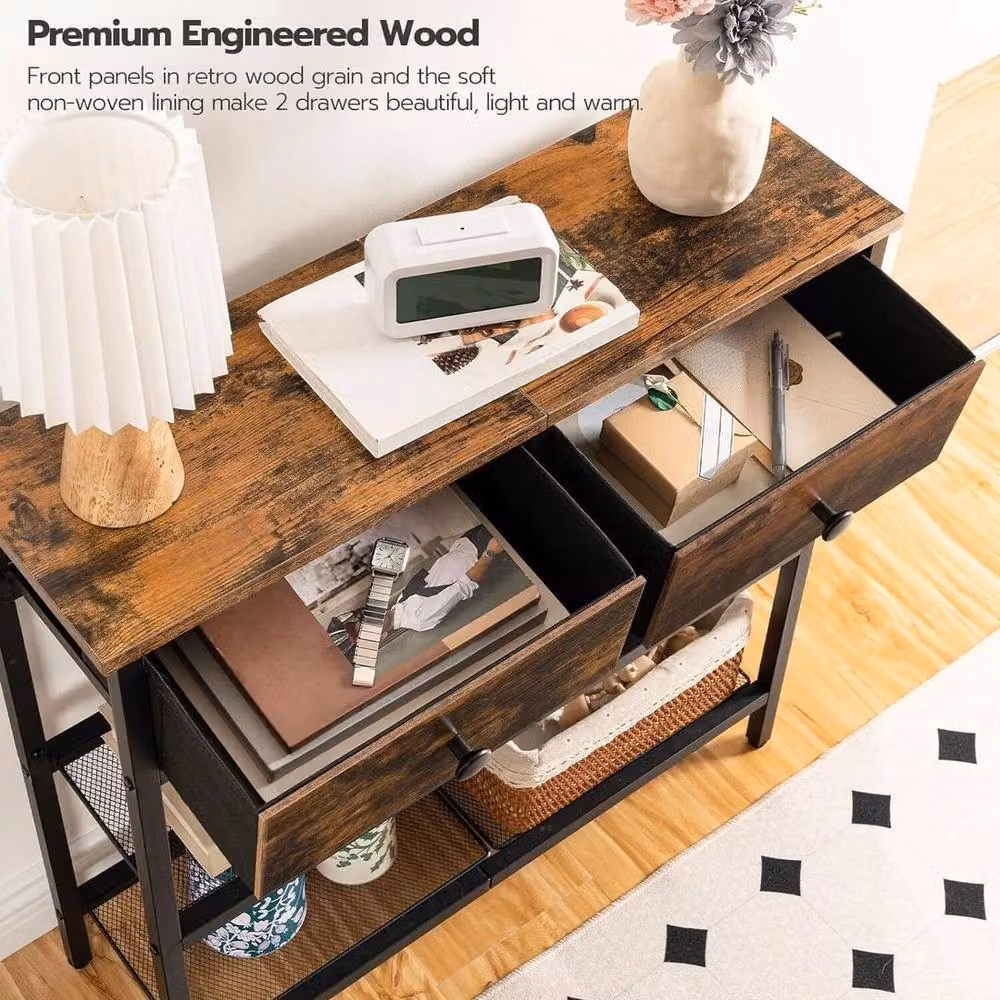 FORGEVIO Industrial Brown Console Table with 2 Non-woven Drawers – 3