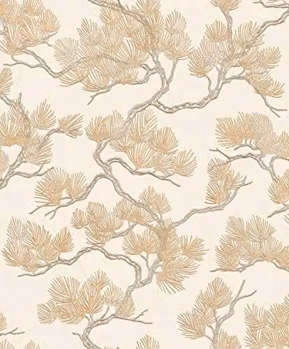 Domdeco Non-Woven Botanical Floral Wallpaper in Gold, Beige and Green, Roll 52.8 x 52.8 cm