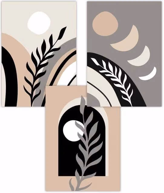 ARTZE Set of 3 Boho Abstract Botanical Paper Posters in Black, Beige and Grey, W: 30 cm, H: 42 cm