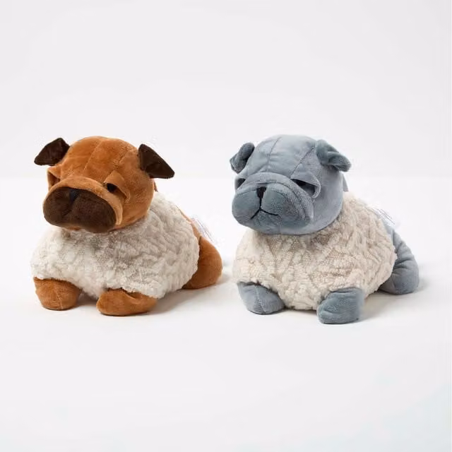 Homescapes Luxury Fabric Pug Doorstops, Set of 2, Grey and Brown