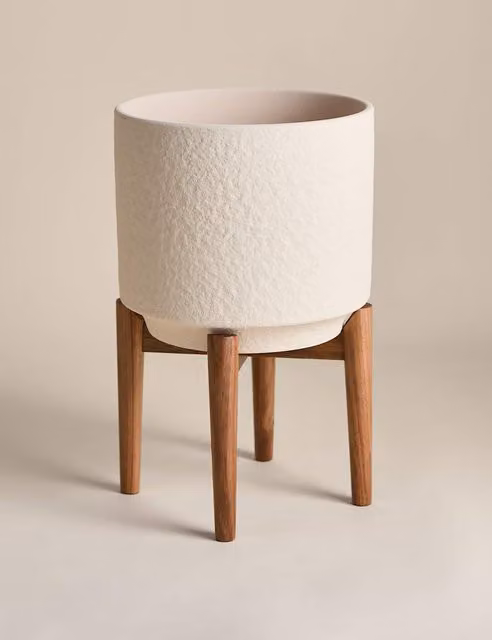 M&S Mid-Century Round Ceramic Tabletop Planter in Beige