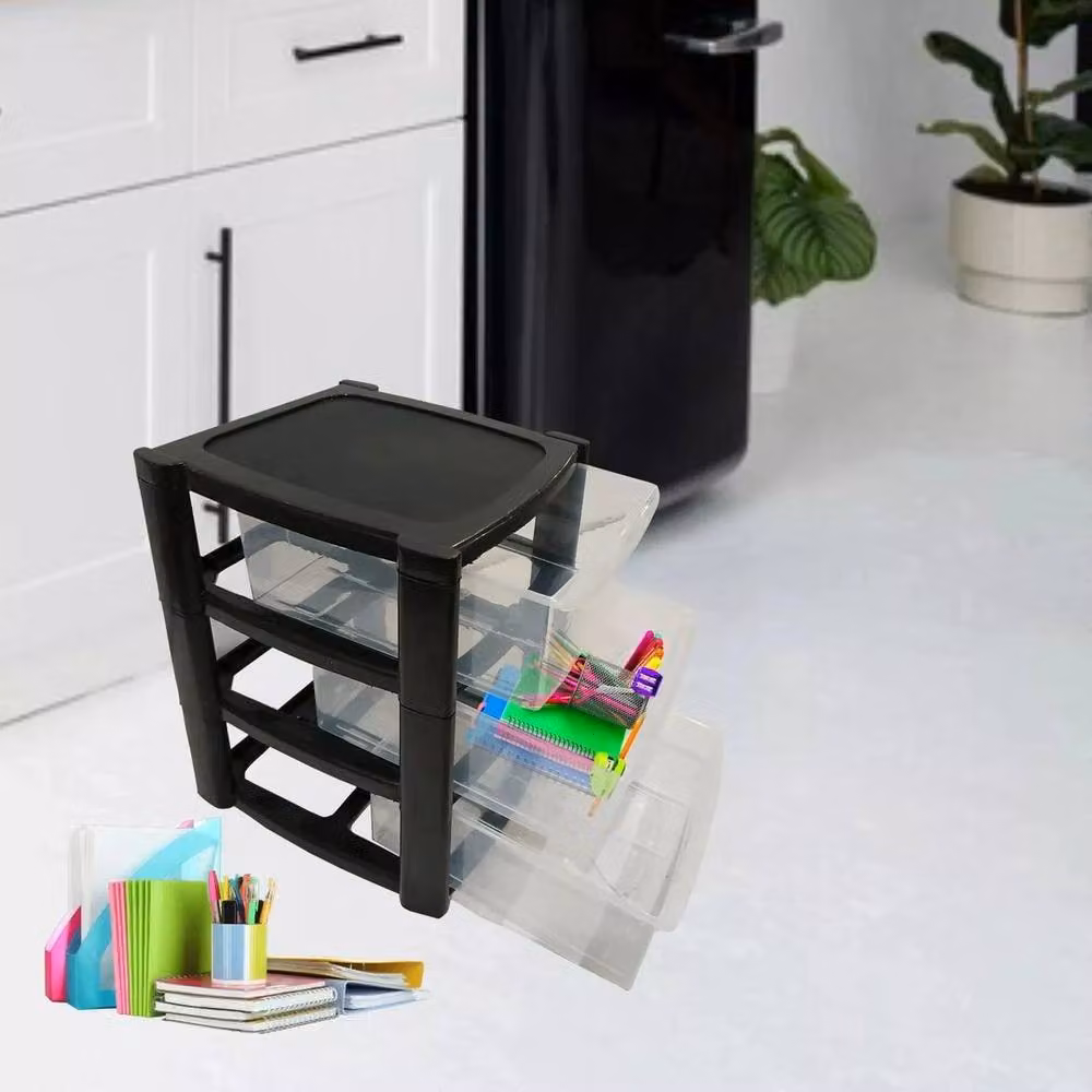 NESTLUNE 3 Tier Plastic Mini Drawer Tower Trolley in Black – 3