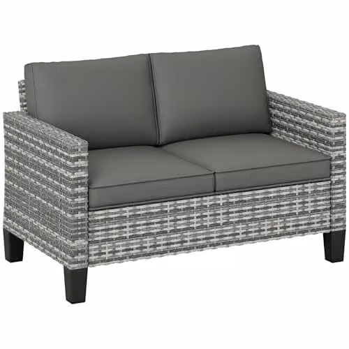 Outsunny 2 Seater Rattan Garden Sofa with Upholstered Cushions and Powder Coated Steel Frame, Grey