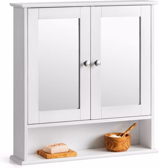 Christow White Lacquered Wooden Double Bathroom Mirrored Cabinet with Hinged Doors and Open Shelf, W/D/H: 58 x 13 x 56 cm – 1