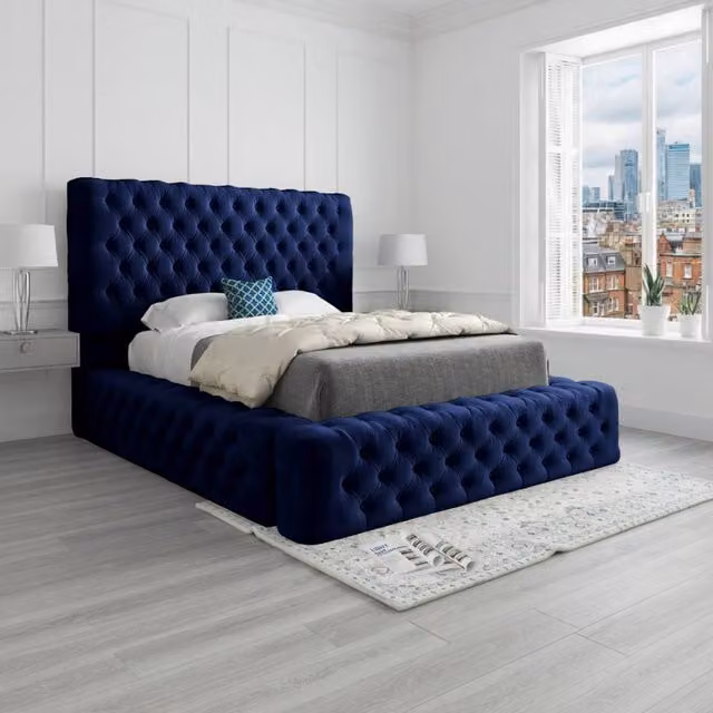 KDMD Littleton Blue Velvet Upholstered Chesterfield Bed Frame, W/D/H: 140 x 175 x 137 cm