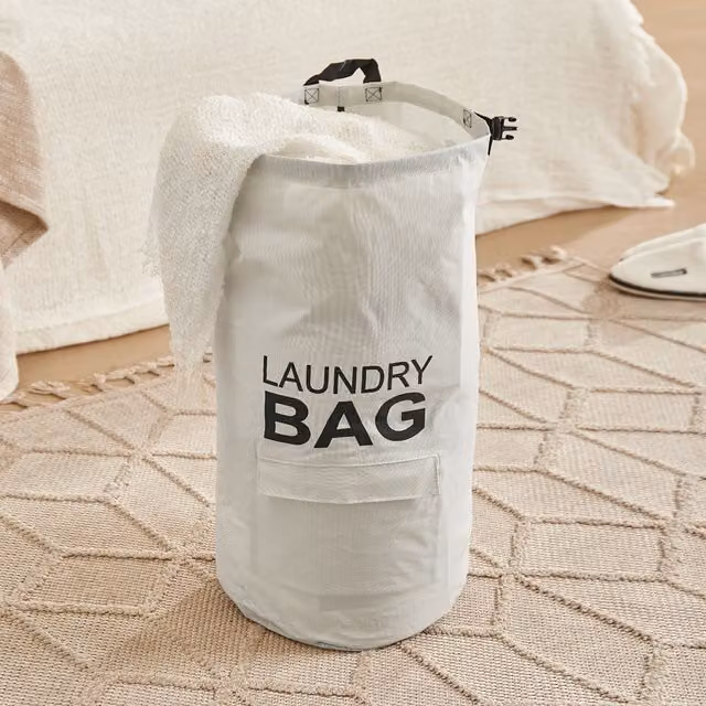 Livingandhome Collapsible Fabric Laundry Backpack in Beige and White