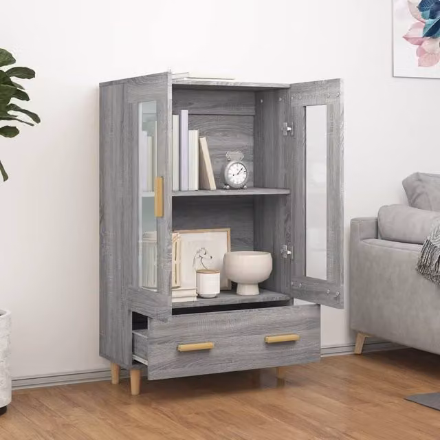 Berkfield Home Grey Sonoma Highboard with Glass Doors and Drawers, W/D/H: 70 x 31 x 115 cm – 1