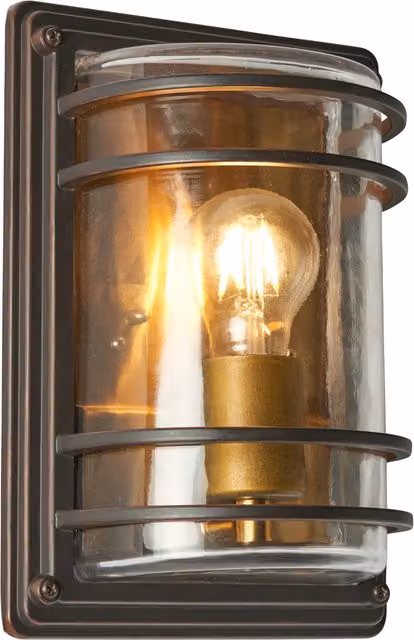 Litecraft Rico Industrial Outdoor Wall Light in Antique Bronze with Brass Accents and Transparent Glass